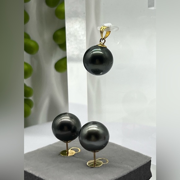 12.8mm South Sea Pearl Tahitian Blk Stud Earrings  with 13.2mm Pendant  … - Picture 5 of 15